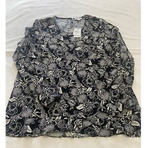 J Jill Black White Floral Print Long Sleeve Blouse Shirt Top Women's Medium NEW
